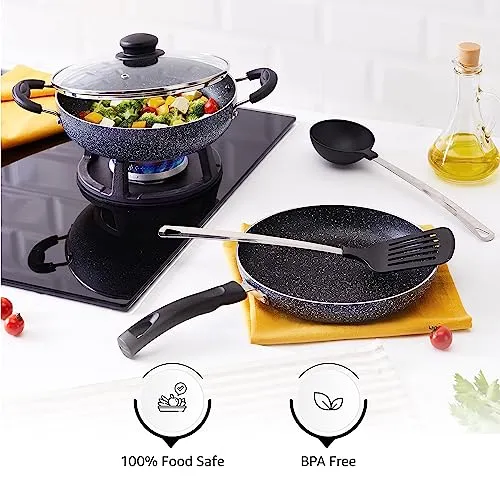 Amazon Brand - Solimo Aluminium 3 Piece Non-Stick Cookware Set|Granite Finish|Induction Base|Pfoa Free|High Temperature Resistant Exterior Coating|22 Cm Fry Pan,22 Cm Kadai,1 Glass Lid|Grey