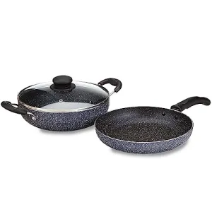 Amazon Brand - Solimo Aluminium 3 Piece Non-Stick Cookware Set|Granite Finish|Induction Base|Pfoa Free|High Temperature Resistant Exterior Coating|22 Cm Fry Pan,22 Cm Kadai,1 Glass Lid|Grey