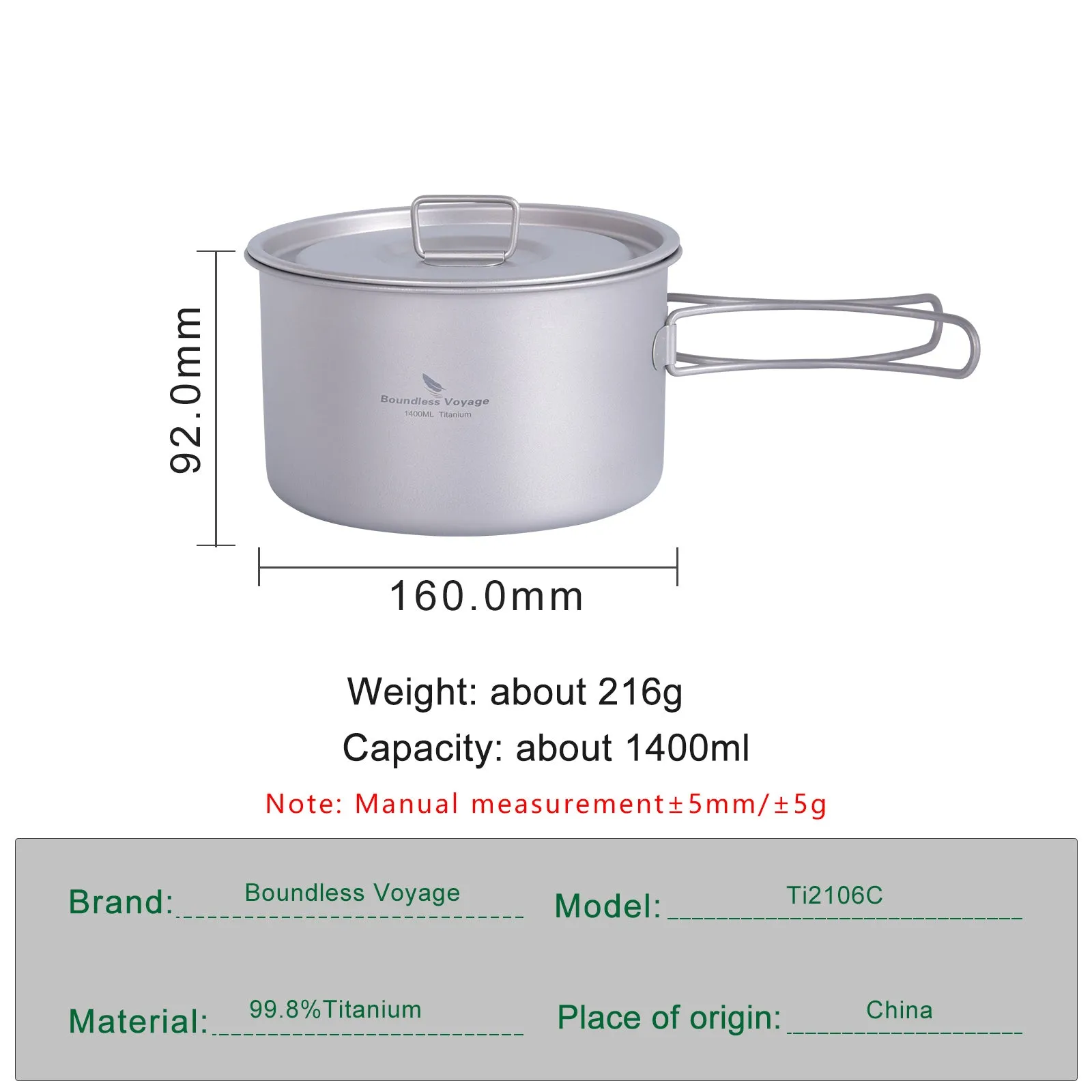 Boundless Voyage Lightweight 1400ml Titanium Pot Outdoor Portable Cooking Set hiking Backpacking Pot for Hiking Trekking Picnic Fishing Mountaineering