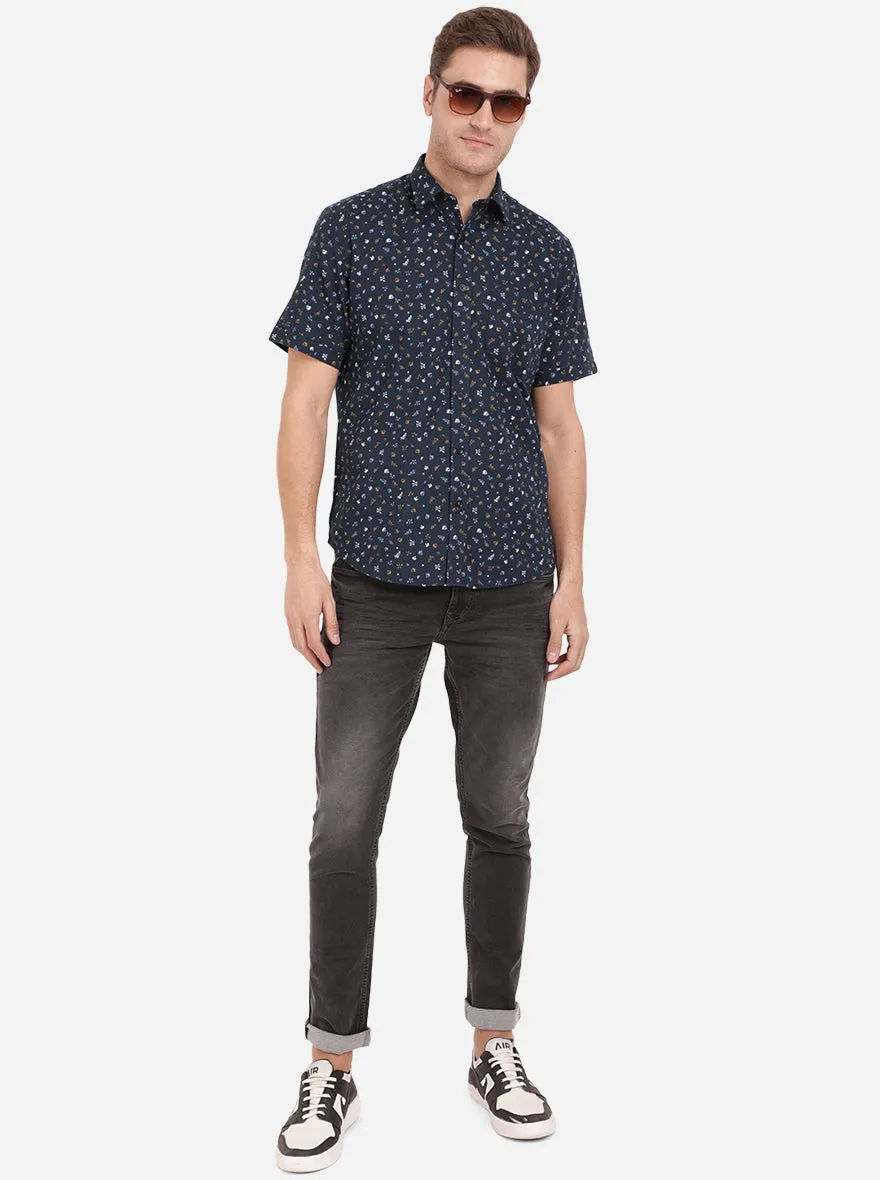 Dress Blue Printed Slim Fit Casual Shirt | Greenfibre