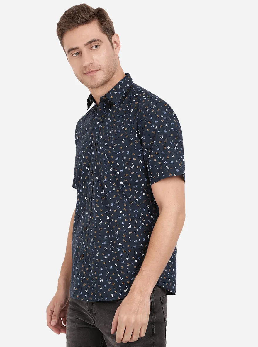 Dress Blue Printed Slim Fit Casual Shirt | Greenfibre