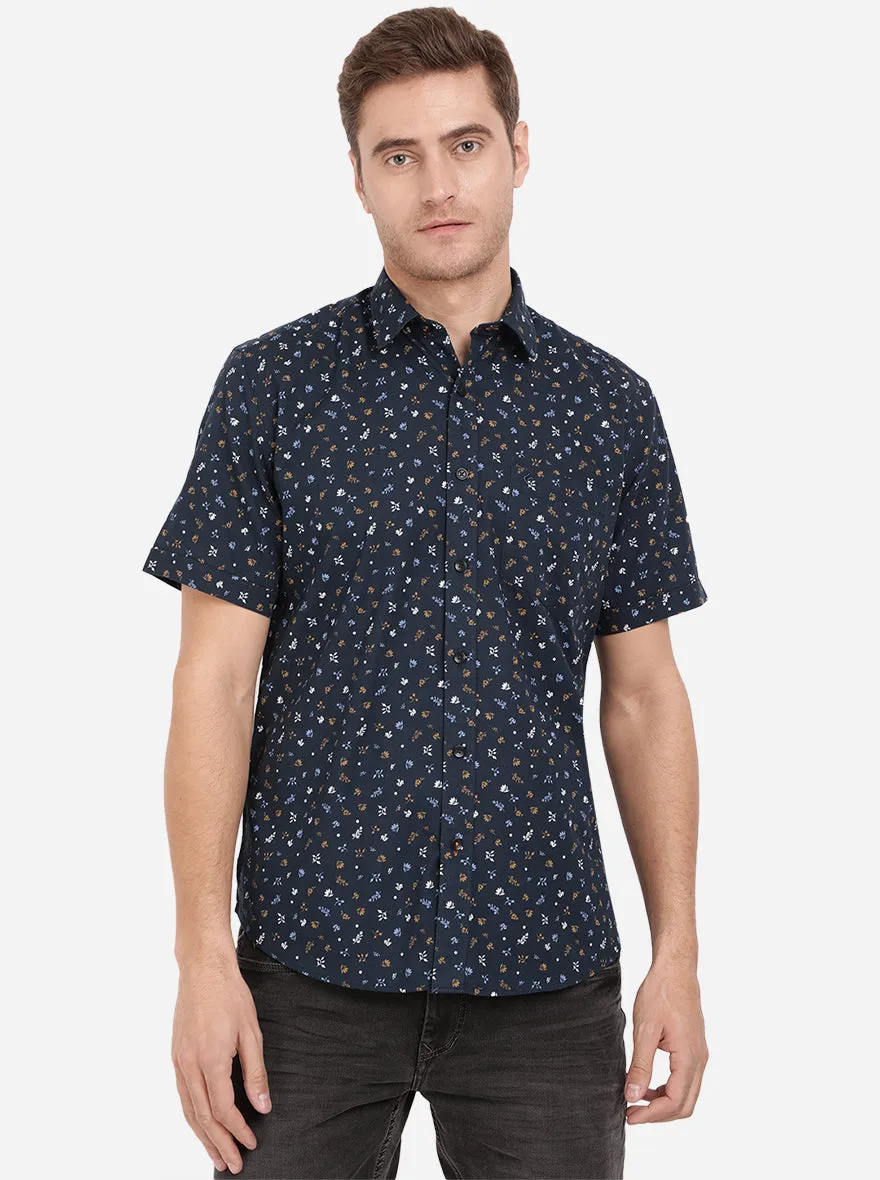 Dress Blue Printed Slim Fit Casual Shirt | Greenfibre