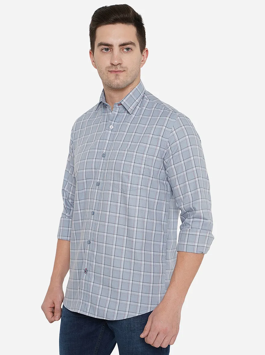 Faded Denim Checked Slim Fit Casual Shirt | JadeBlue