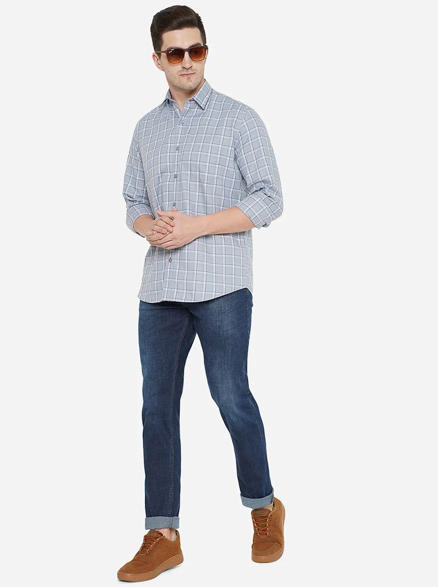 Faded Denim Checked Slim Fit Casual Shirt | JadeBlue