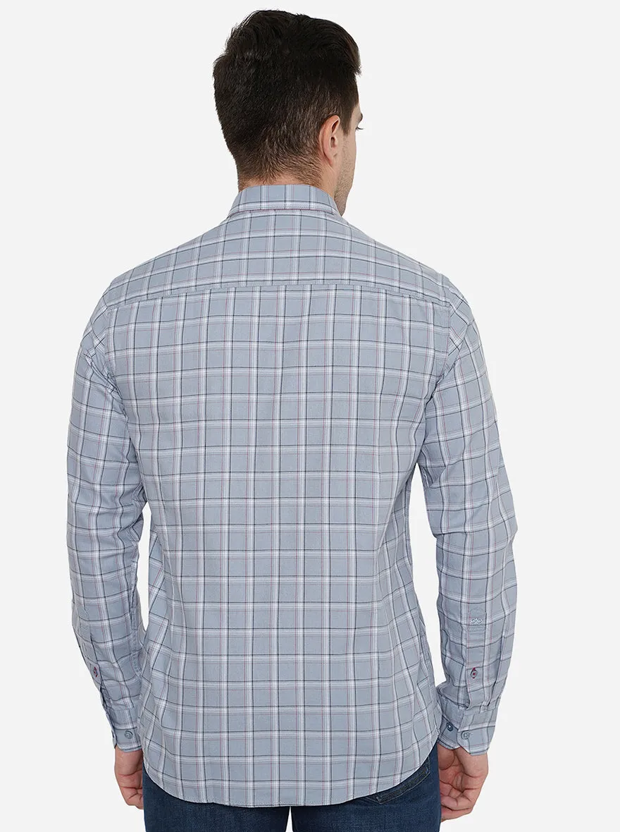 Faded Denim Checked Slim Fit Casual Shirt | JadeBlue