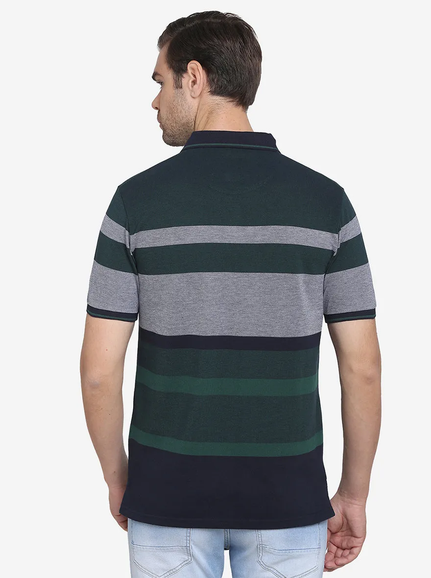 Grey & Green Striped Slim Fit Polo T-shirt  | JadeBlue