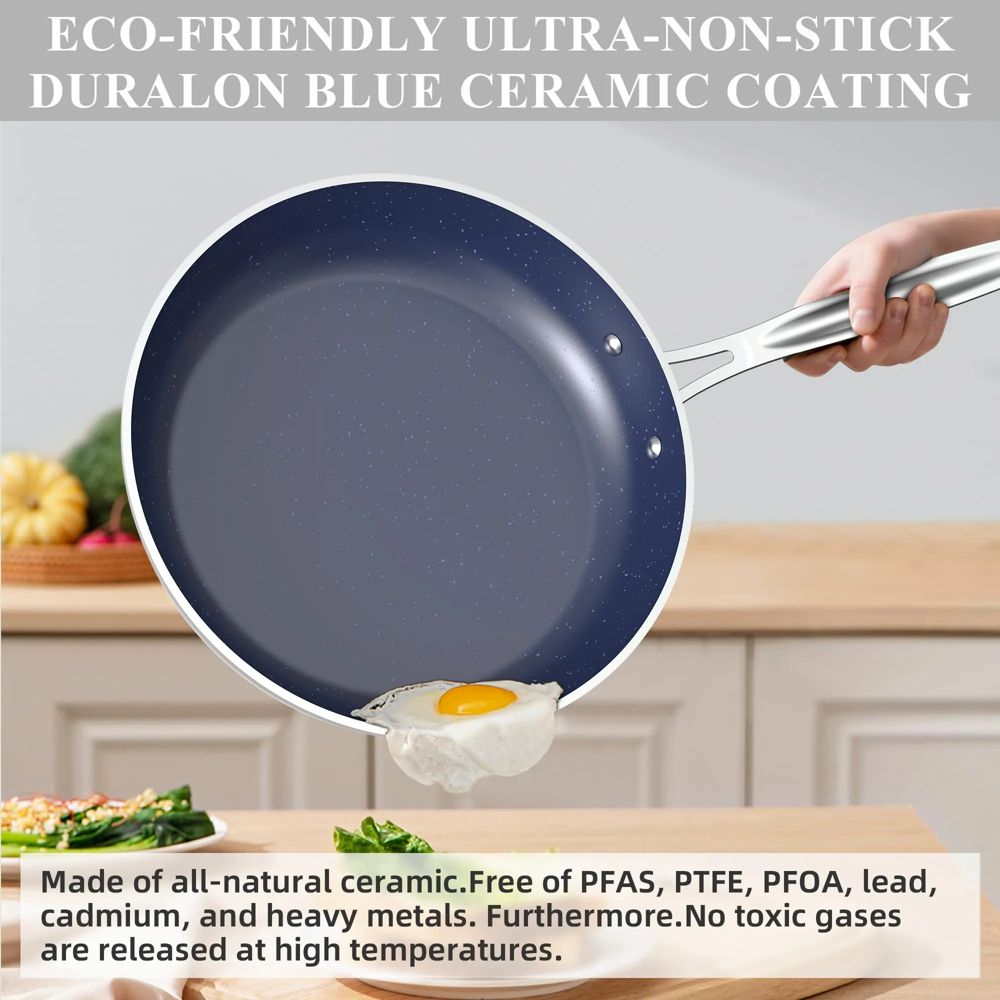 Healthy Duralon Blue Ceramic Nonstick Cookware Set, Diamond Infused Scratch-Resistant