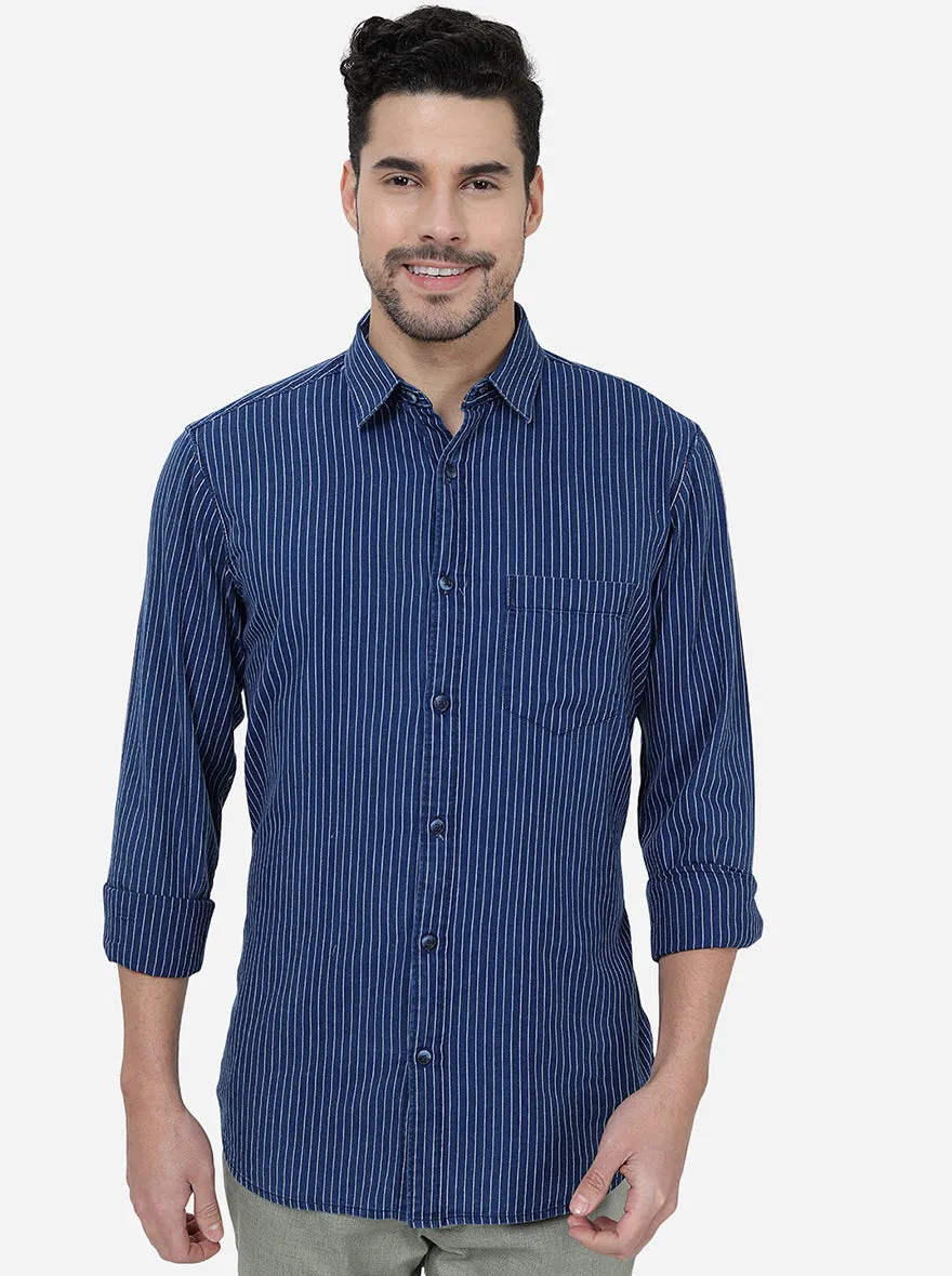 Indigo Blue Striped Slim Fit Semi Casual Shirt | JadeBlue