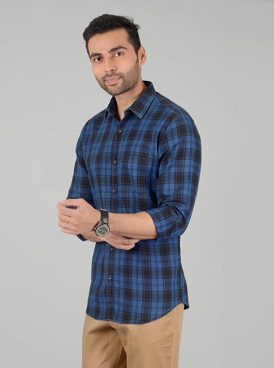 Navy Blue Checked Slim Fit Casual Shirt | JadeBlue