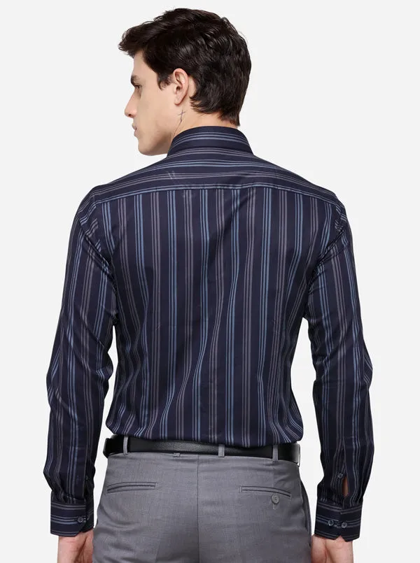 Navy Blue Striped Regular Fit Formal Shirt | JadeBlue