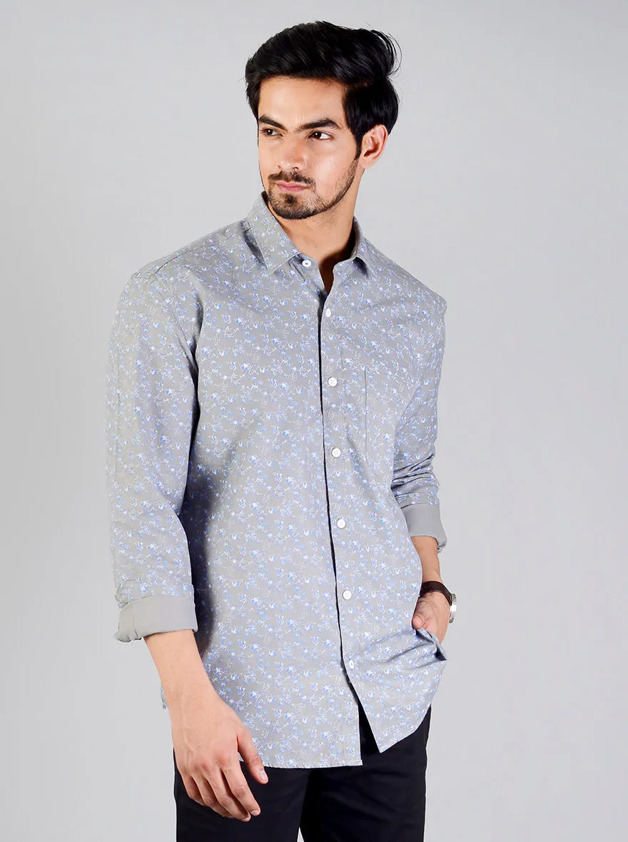 Neutral Grey Printed Slim Fit Casual Shirt | JadeBlue