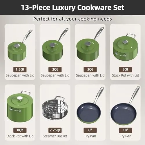 Nuwave Lux 13pc Forged Lightweight Cookware Set PFAS Free, Healthy G10 Duralon Ceramic Coating, Ultra Non-Stick, Stay-Cool Handles, Works on All Cooktops & Induction Ready