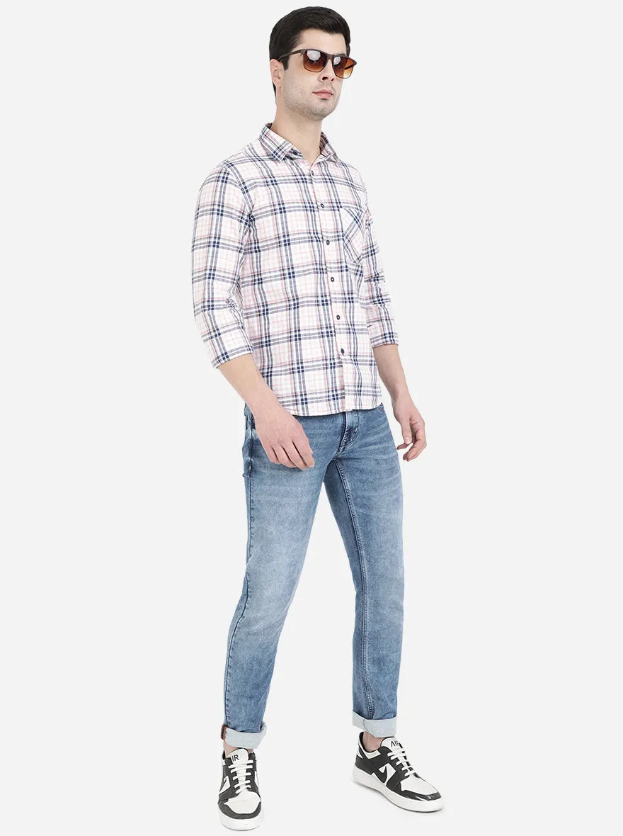 Orchid Pink & Navy Blue Checked Slim Fit Semi Casual Shirt | Greenfibre