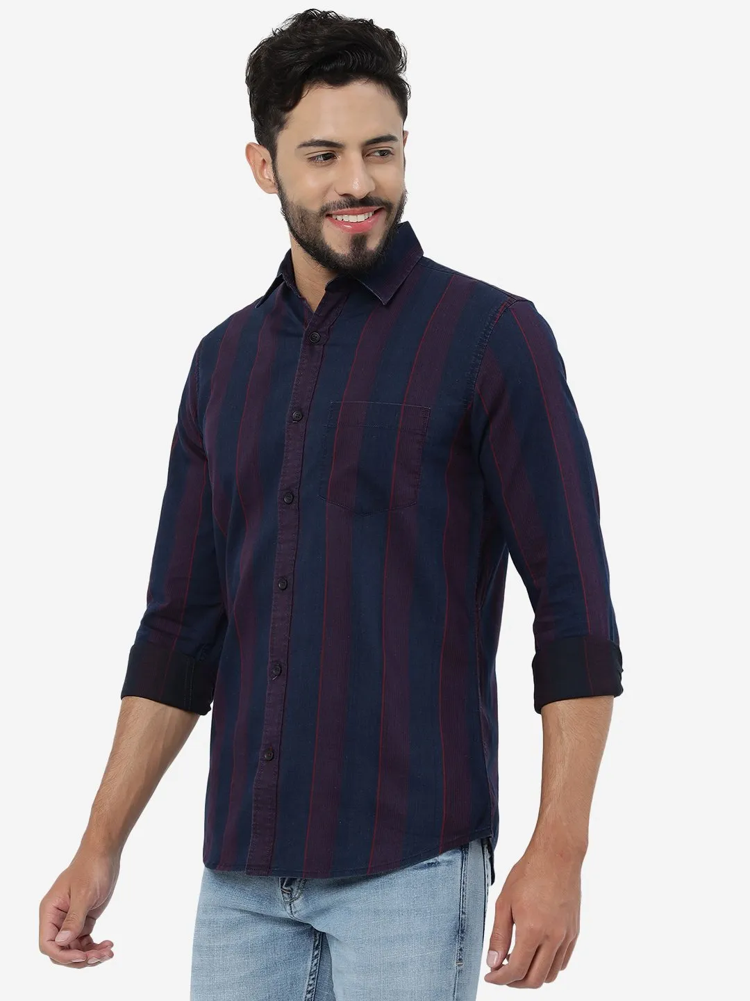 Red & Indigo Blue Striped Slim Fit Casual Shirt | JadeBlue