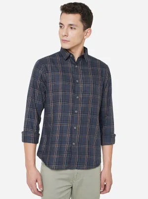 Slate Blue Checked Slim Fit Semi Casual Shirt | Greenfibre