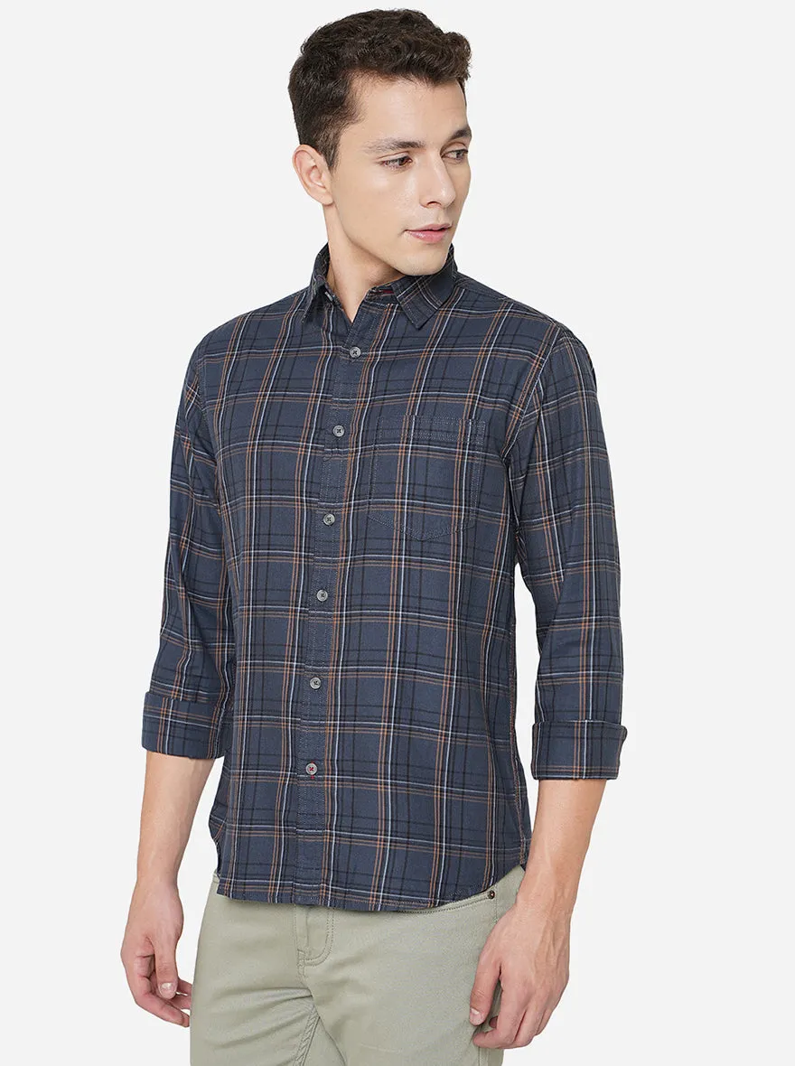 Slate Blue Checked Slim Fit Semi Casual Shirt | Greenfibre