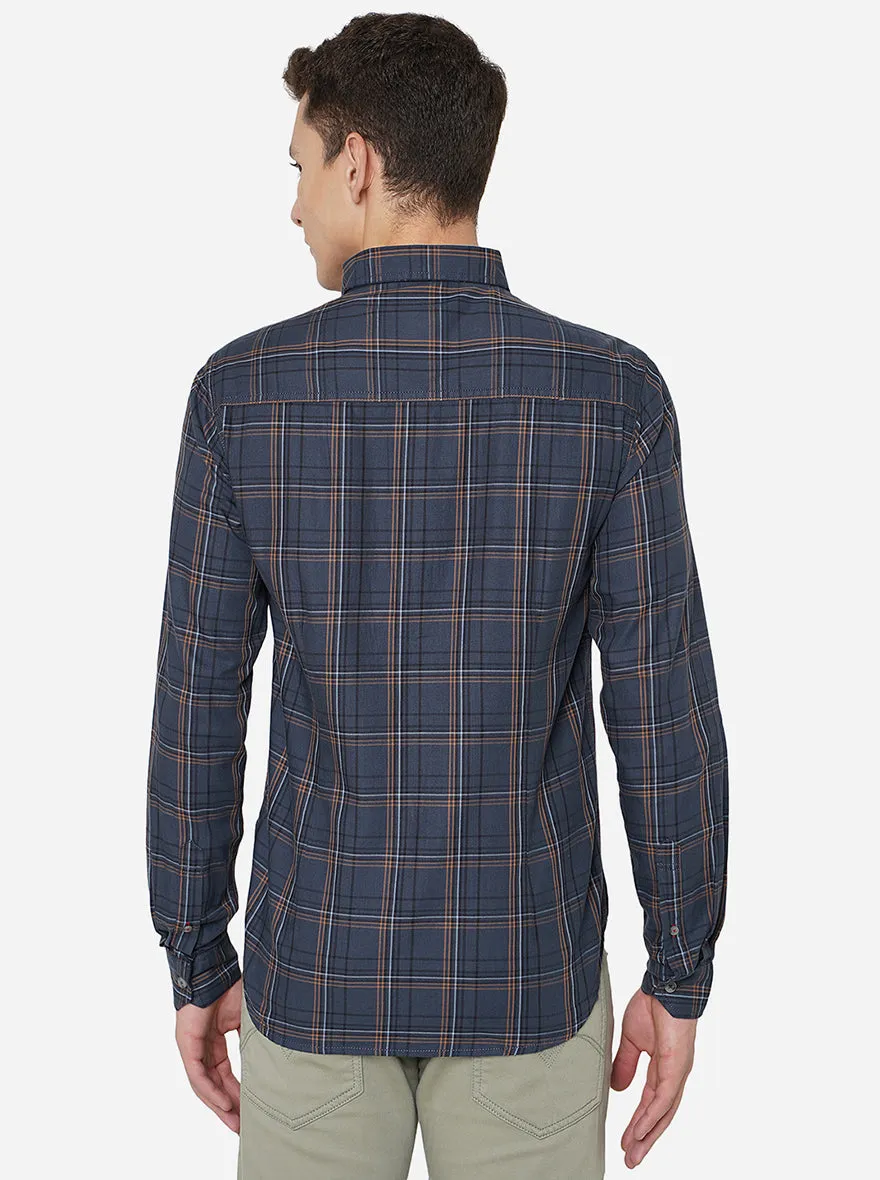 Slate Blue Checked Slim Fit Semi Casual Shirt | Greenfibre