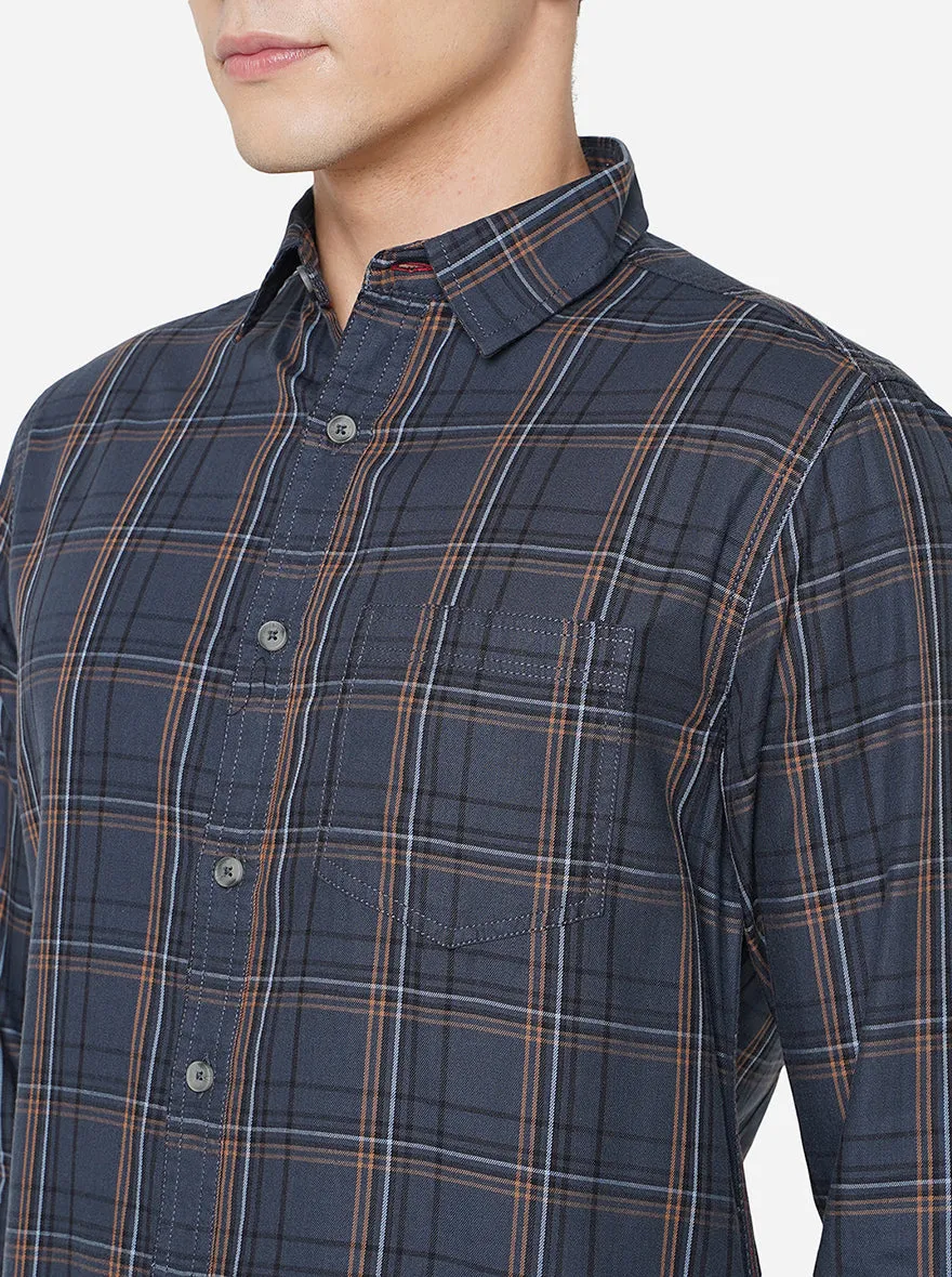 Slate Blue Checked Slim Fit Semi Casual Shirt | Greenfibre