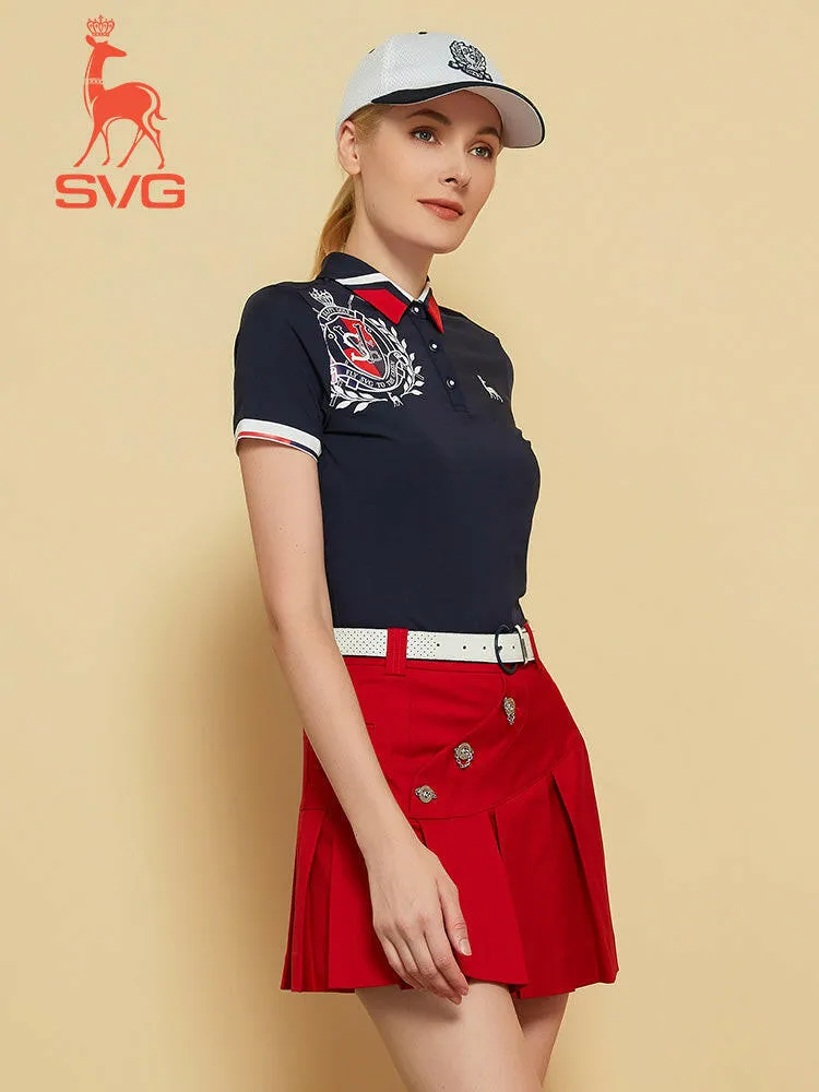 SVG Women's Navy Blue Printed Short-sleeved Lapel Polo Shirt