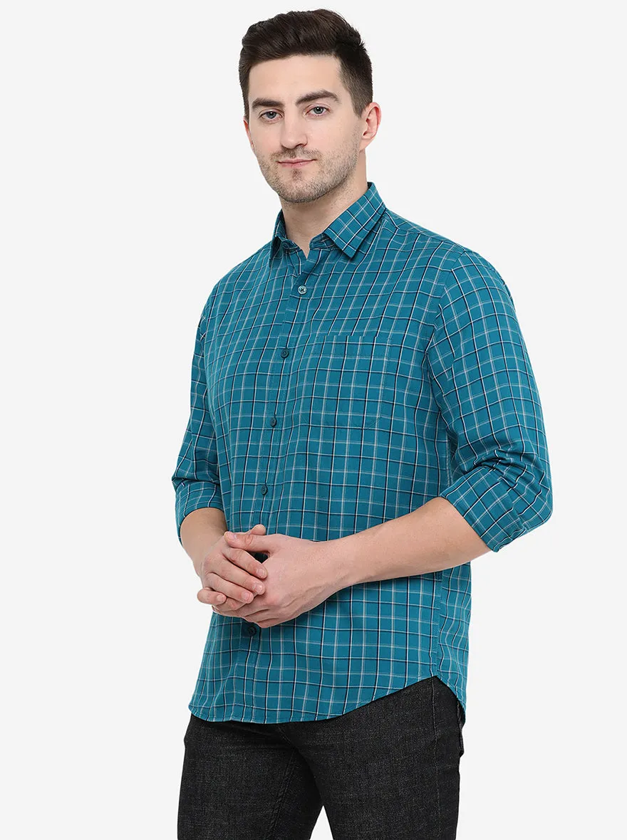 Turquoise Blue Checked Classic Fit Casual Shirt | Greenfibre