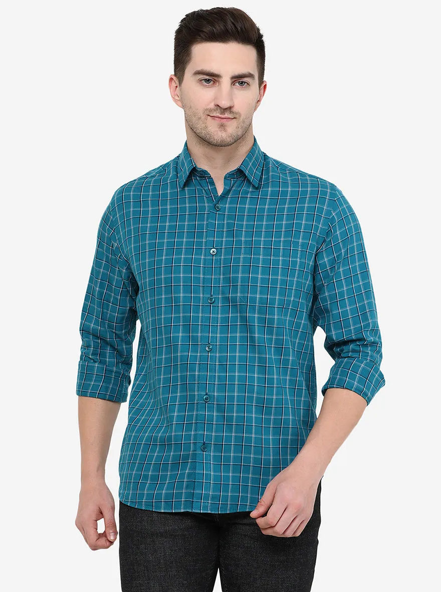 Turquoise Blue Checked Classic Fit Casual Shirt | Greenfibre