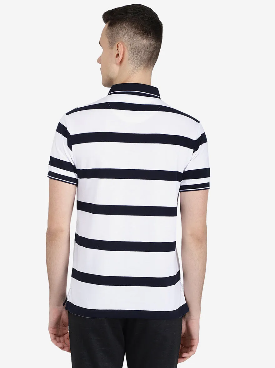 White & Navy Striped Slim Fit Polo T-Shirt | Jadeblue