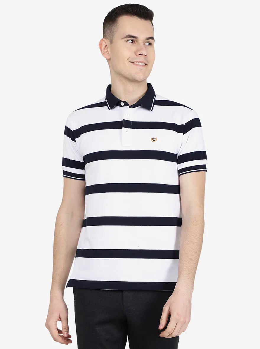 White & Navy Striped Slim Fit Polo T-Shirt | Jadeblue