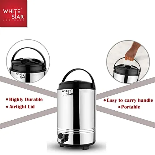 WHITESTAR Stainless Steel Insulated Water Jug/Container with Leak Proof Tap I Hot and Cold Upto 4-5 hours I PUF Insulated Double Walled Stainless Steel I Ideal for Hot Tea/Coffee/Water (10000 ML)