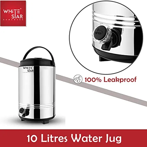 WHITESTAR Stainless Steel Insulated Water Jug/Container with Leak Proof Tap I Hot and Cold Upto 4-5 hours I PUF Insulated Double Walled Stainless Steel I Ideal for Hot Tea/Coffee/Water (10000 ML)