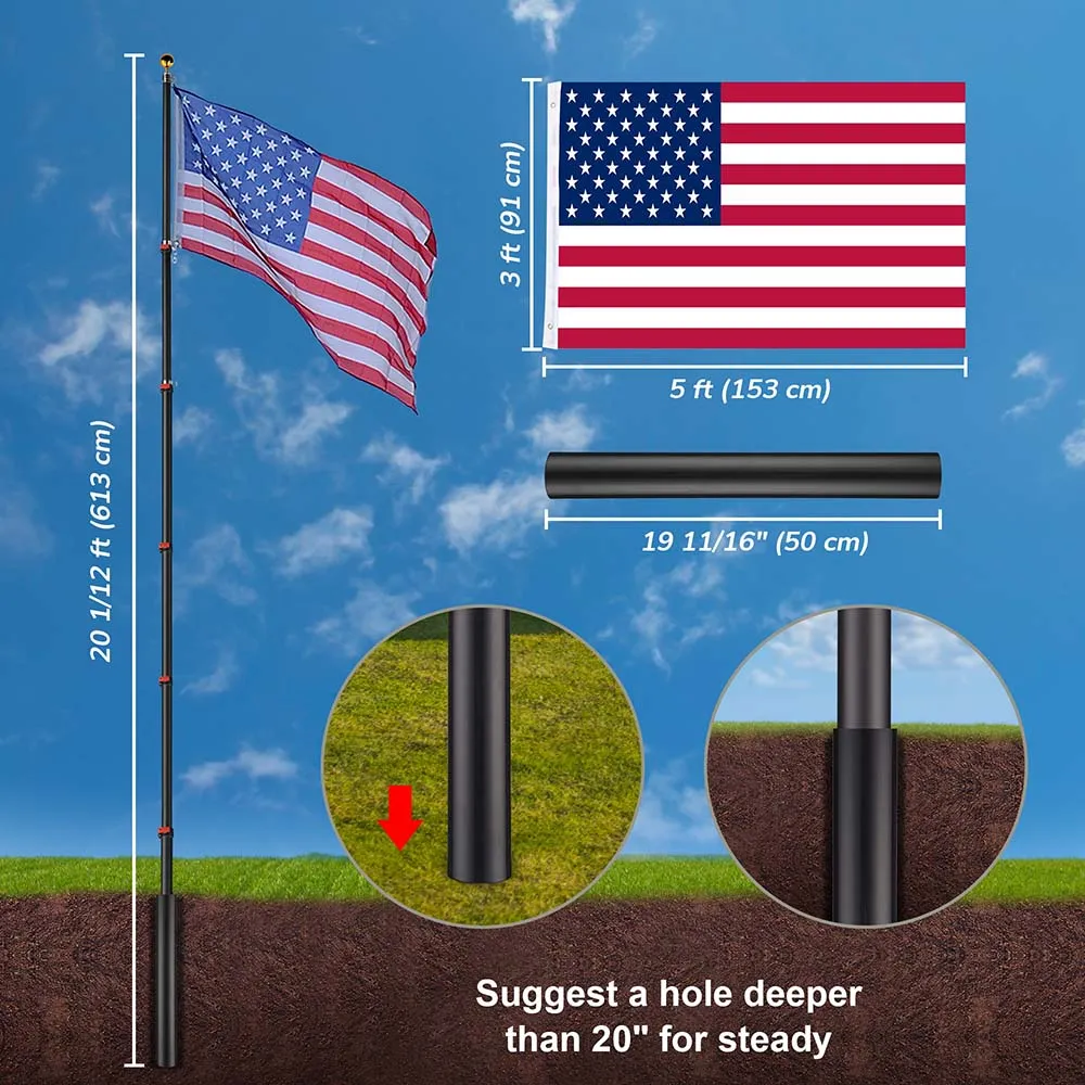 Yescom American Aluminum Telescopic Flagpole Set 20'